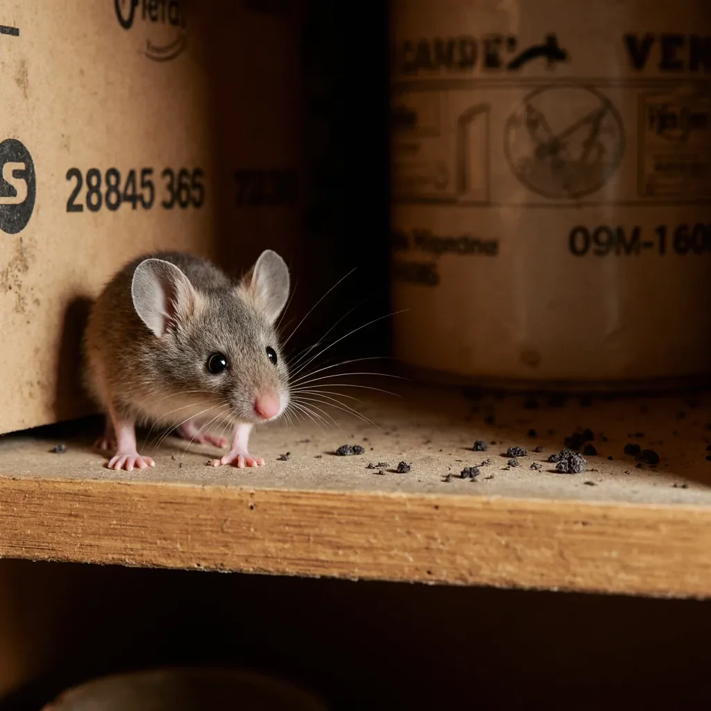 Egér ellen a legjobb megoldás házilag a csapdashoptól - a képen egy egér a polcon, mellette egérürülék