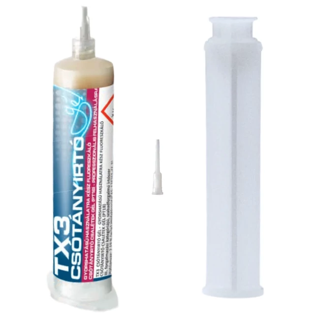 TX3 Csótányirtó Gél 30g tubus, kinyomódugattyúval és gélheggyel a csótányok elleni hatékony védekezéshez.